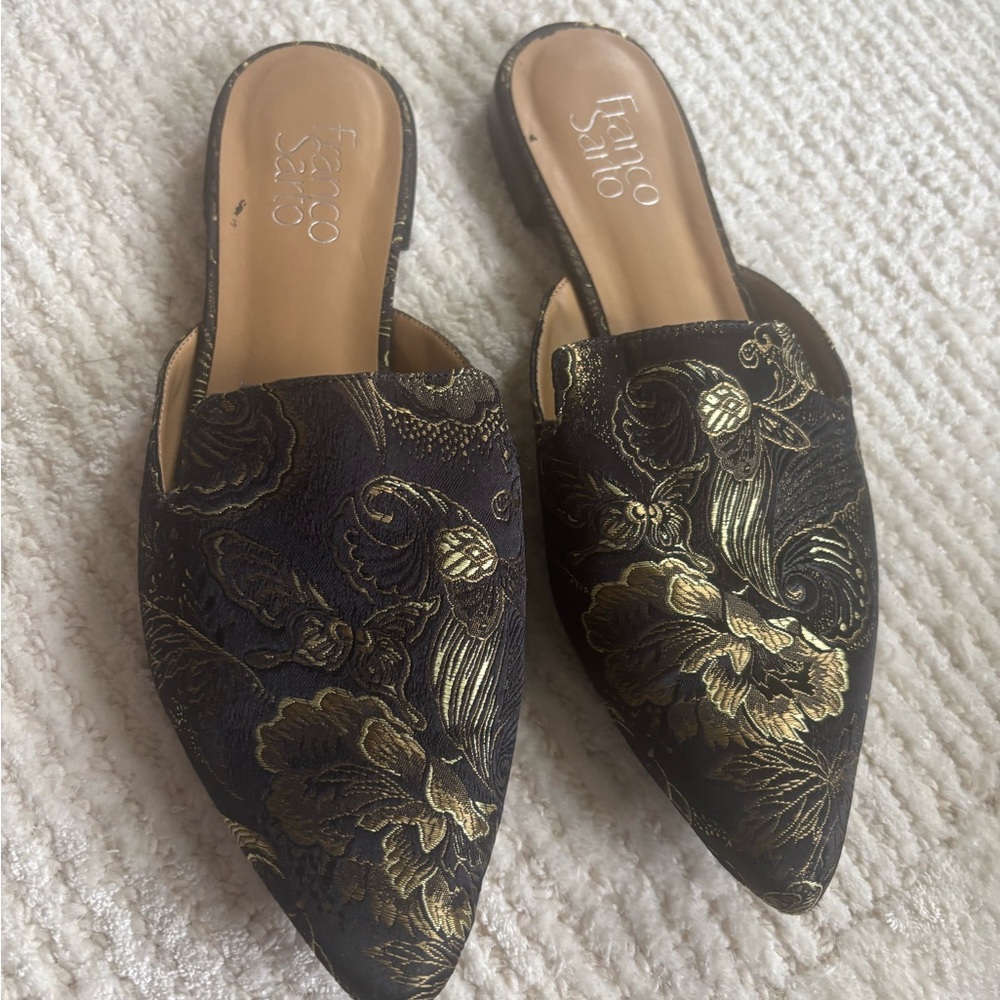 Franco Sarto Elegant Black and Gold Floral Mules